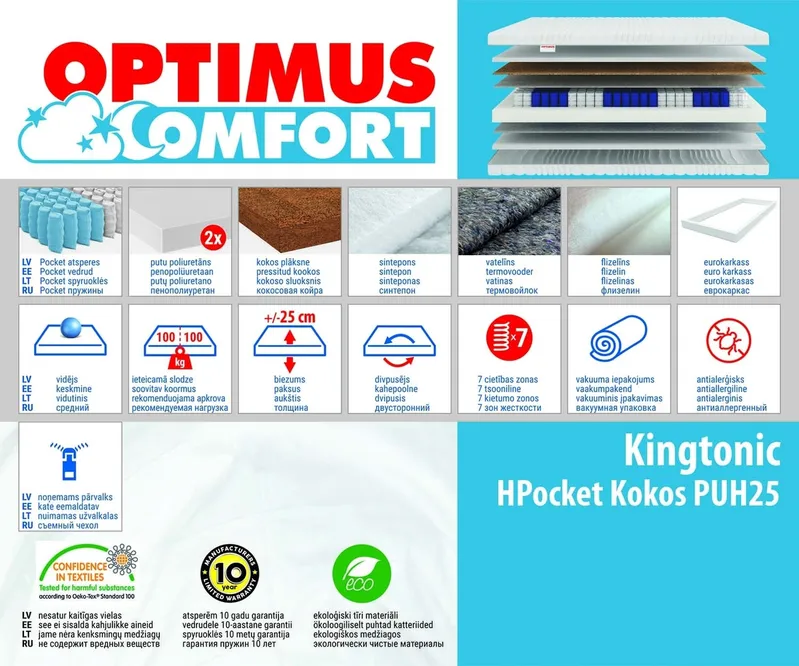 Madrats 90*200 Kingtonic HPocket Kokos PUH25