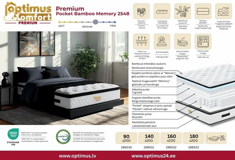 Матрас 140*200*30 Premium Pocket Bamboo Memory 2548