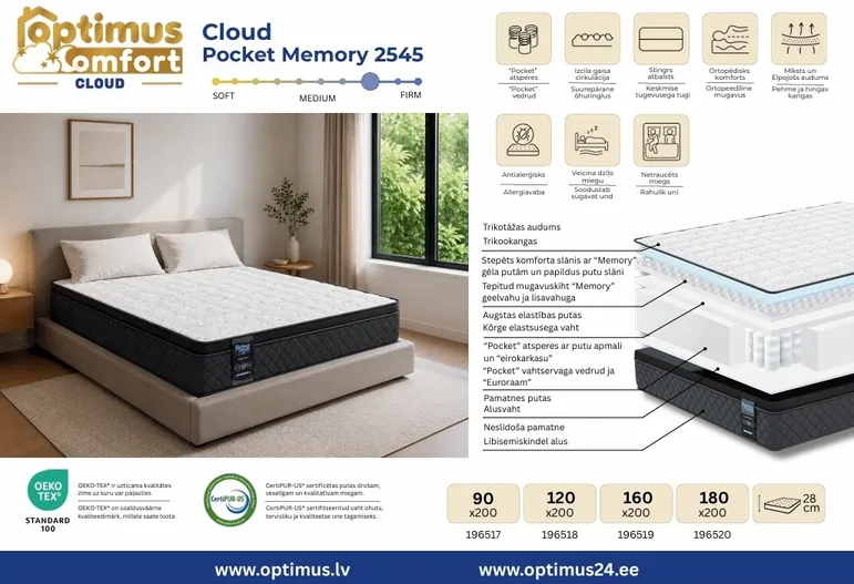 Матрас 90*200*28 Cloud Pocket Memory 2545
